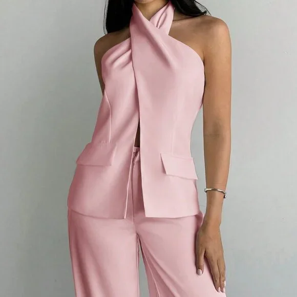 Pink Elegant Women's Sexy Backless Halter Top - Picture 4 of 6